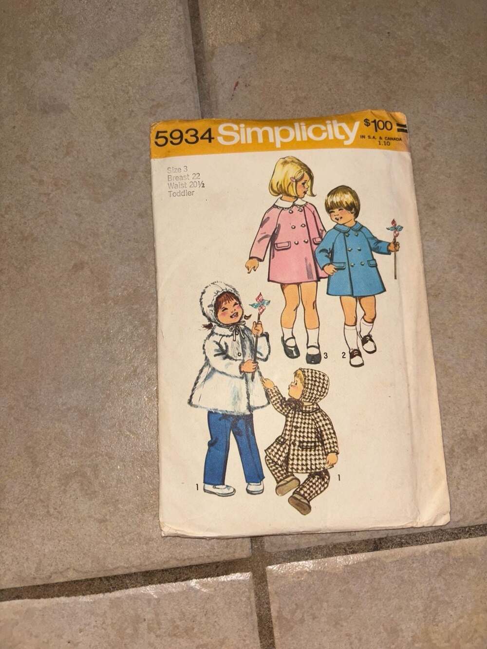 Simplicity Pattern 5934 Toddlers Coat With Collar Hood & Pants Sz 1 Cut Complete